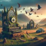 A computer graphics picture of a time machine in the countryside with mountains, ruins. vintage car and birds flying around.