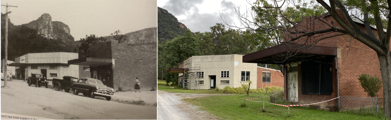 General store and butcher before-and-after view at Glen Davis, New South Wales. The before view is around 1950 and the after view is 2024. Butcher shop is in the foreground.