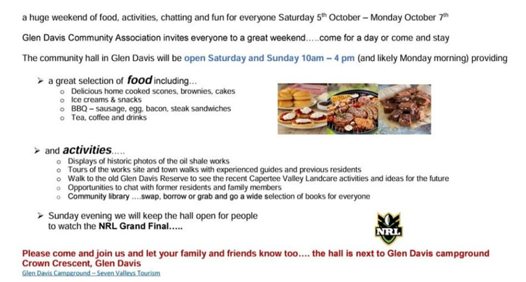Glen Davis Association long weekend activities. 2024
